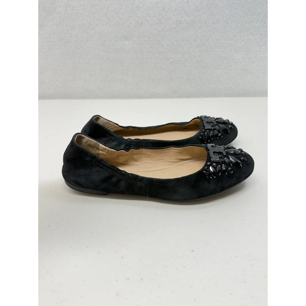 Tory Burch Reva Black Suede Embellished Crystal Logo Ballet Flats Shoes 6.5
